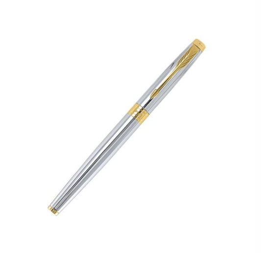 Parker Aster Shiny Chrome Gold Trim Roller Ball Pen (with Cardholder) GiftPack