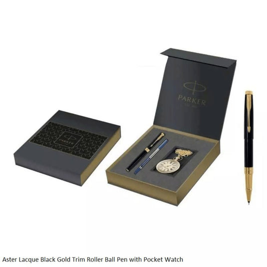 Parker Aster Laque Black Gold Trim Roller ball Pen Gift Set
