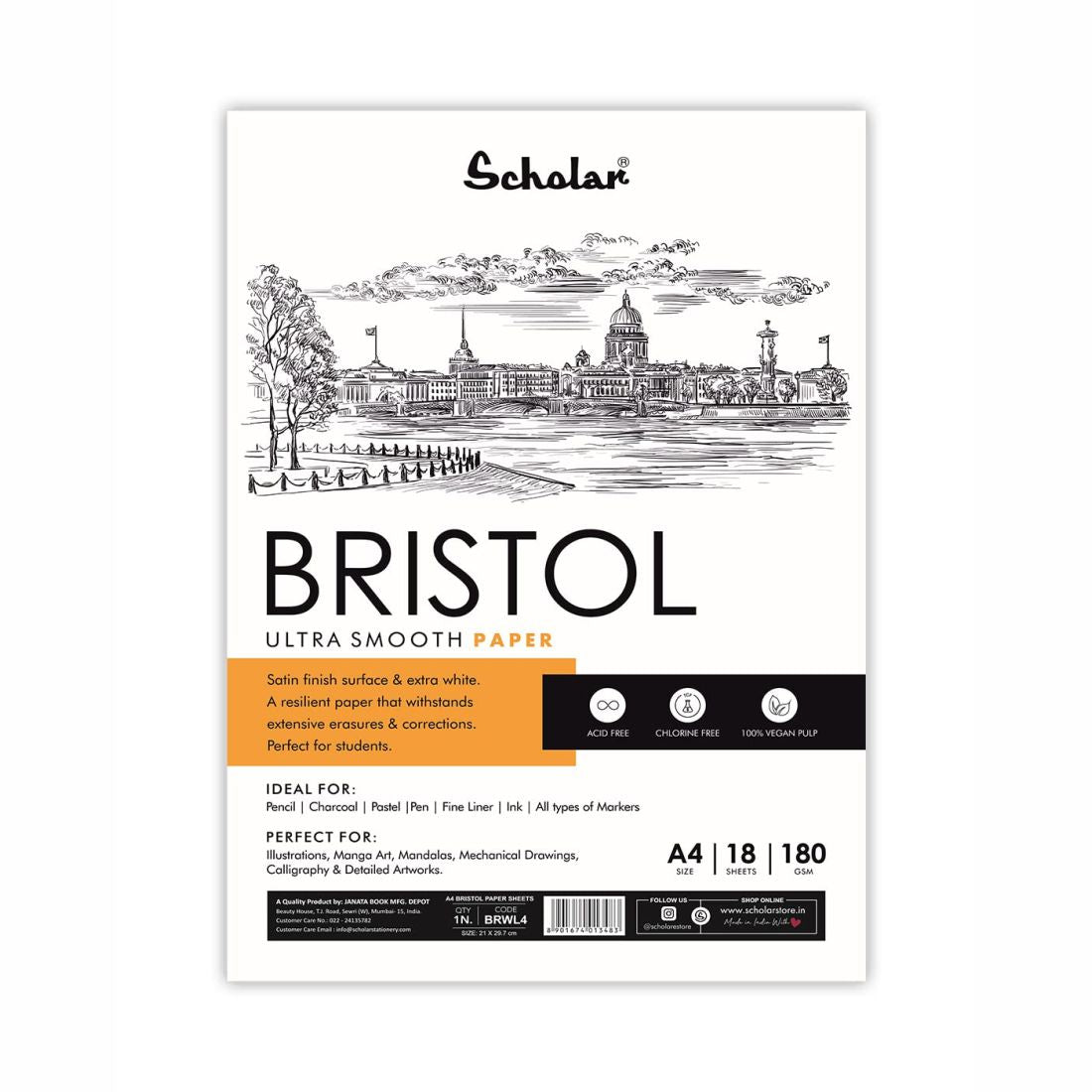 Scholar A4 Ultra Smooth Bristol Paper - 18 Sheets 180gsm