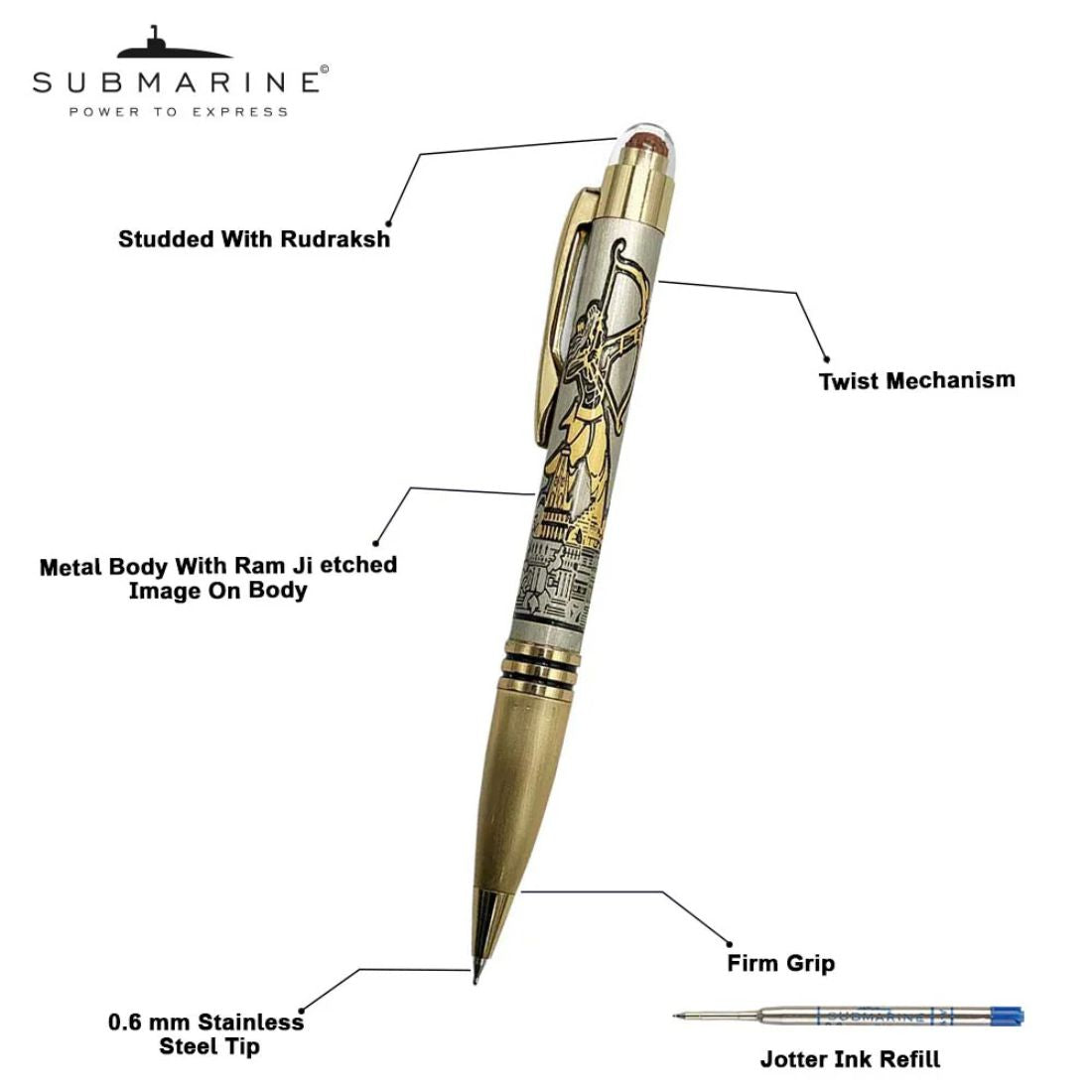 Submarine Jai Shri Ram with Rudraksh Ball Point Pen 0.7mm | Metal Body