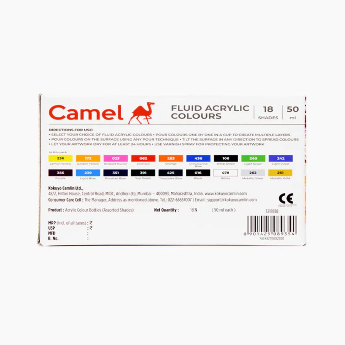 Camel Fluid Acrylic Colours | 18 Shades X 50 ML